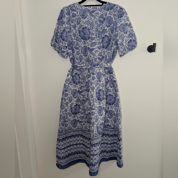 Talbots Blue White Floral Midi Dress SZ 6 Cotton Tie Waist Spring Party Wedding - Picture 3 of 9